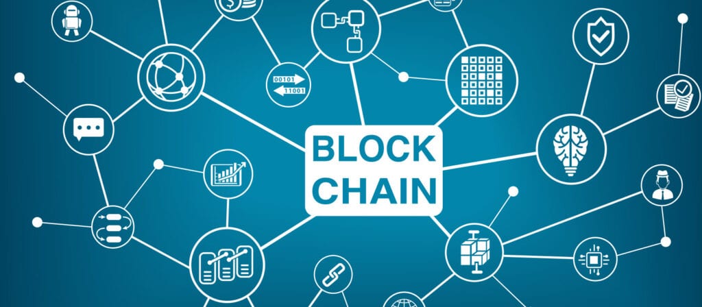 A blue background with interconnected white circles, each containing various technology and data icons, surrounding a central rectangle labeled BLOCK CHAIN.