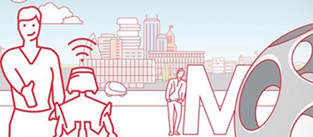 A stylized illustration shows a person and a robot in the foreground, with a futuristic cityscape, cars, and large abstract letters forming MO in the background. The design uses red outlines on a pale backdrop.