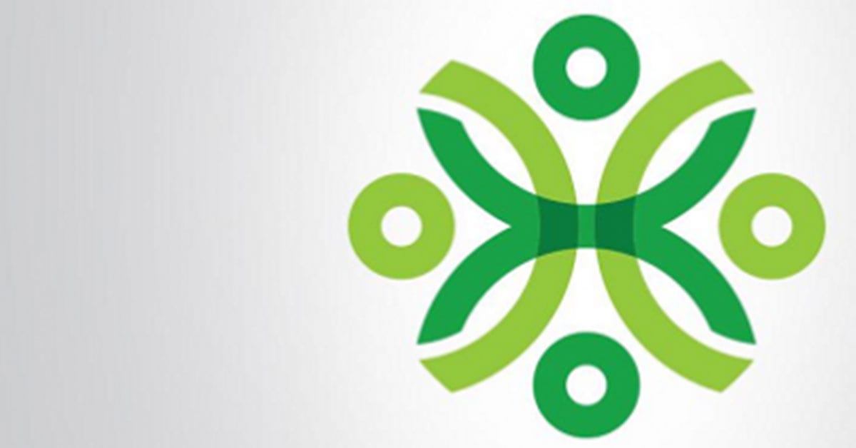 A symmetrical abstract design with curved green lines and green circles on a white background, forming a pattern that resembles a flower or geometric symbol.