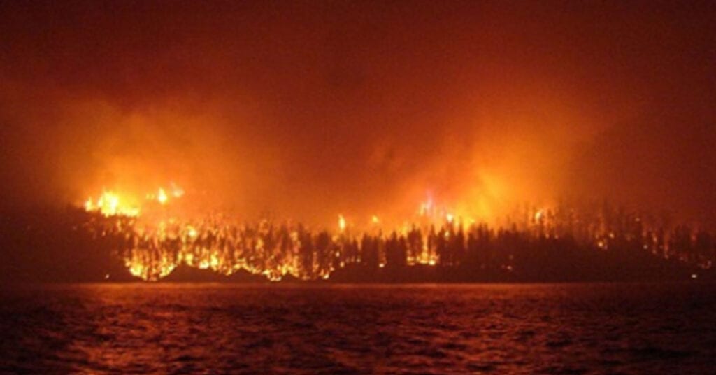 A large wildfire burns intensely through a forest at night, with bright orange flames and heavy smoke illuminating the dark sky above a body of water in the foreground.