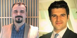 Two men are shown in a split image; the man on the left has short dark hair, a beard, and is wearing a light-colored jacket, while the man on the right has dark hair and is wearing a suit and tie.