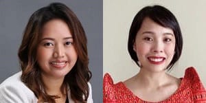 Side-by-side portraits of two women smiling; the woman on the left has wavy brown hair and wears a white top, while the woman on the right has short black hair and wears a red patterned top.