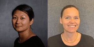 Two women are shown in side-by-side portraits. Both have dark tops and are posing in front of plain, neutral backgrounds. The woman on the left has dark hair pulled back; the woman on the right has light hair tied back and is smiling.