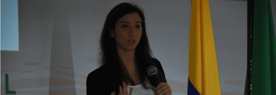 A woman speaks into a microphone during a presentation, standing near yellow and green flags.