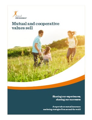 A smiling family of three walks through a sunny grassy field. The cover text reads “Mutual and cooperative values sell,” with additional text about sharing experiences in mutual insurance marketing strategies.