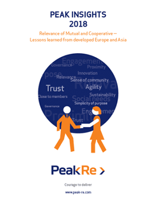 Cover page of the PEAK INSIGHTS 2018 report, featuring two orange stick figures shaking hands below a blue circle with words like Trust, Engagement, and Agility. Peak Re logo appears at the bottom.