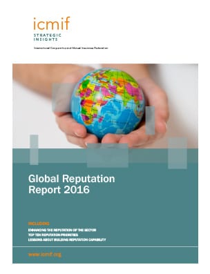 A person holding a small globe in their hands. The cover text reads “Global Reputation Report 2016” with the ICMIF logo and website at the top, and subtitles in white and orange below.