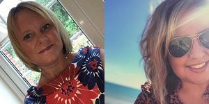 Two women are pictured side by side. The woman on the left is indoors by a window, wearing a floral top. The woman on the right is outdoors, wearing sunglasses, with the sky and water in the background.
