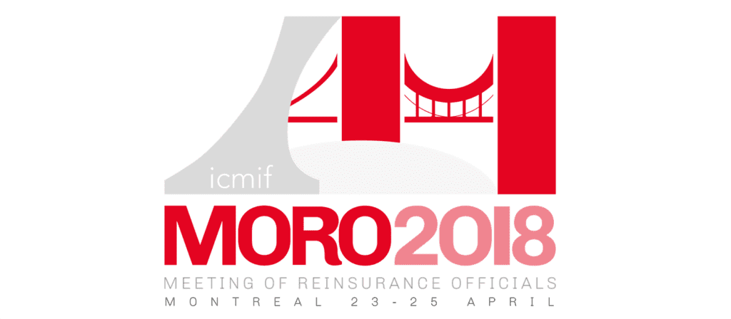 Logo for MORO 2018 featuring a stylized bridge, icmif, and event details: Meeting of Reinsurance Officials, Montreal 23-25 April. Red, gray, and white color scheme.