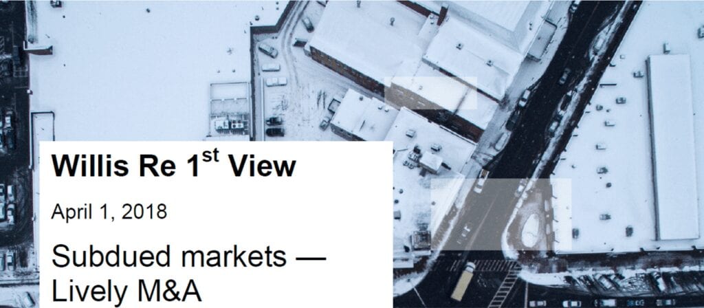 An aerial view of snow-covered industrial buildings next to a street, overlaid with a white text box titled Willis Re 1st View, dated April 1, 2018, discussing subdued markets and lively M&A.