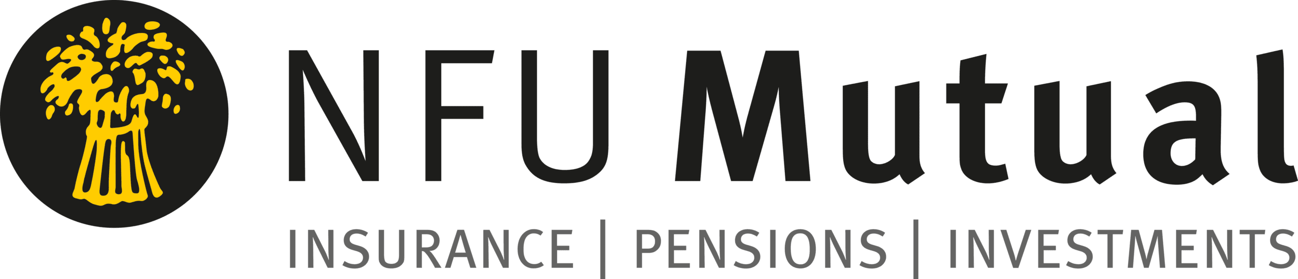 NFU Mutual logo featuring a yellow sheaf of wheat in a black circle, with NFU Mutual in bold black letters and the words Insurance | Pensions | Investments below.