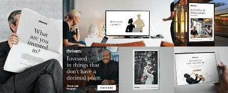 A collage of six images features people reading newspapers, watching TV, and sitting in a café, all displaying Thrivent advertisements with financial and investment messages in bold text.