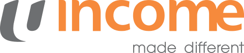 Logo with a gray abstract symbol next to the word income in orange, above the gray text made different.