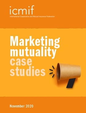Cover of a report titled Marketing mutuality case studies with an orange background, a megaphone graphic, and the ICMIF logo at the top. The date November 2020 appears at the bottom.