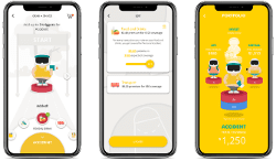 Three smartphones display a colorful fitness app with animated characters. The screens show a challenge start page, a progress bar for food and drink intake, and a podium ranking users by points.