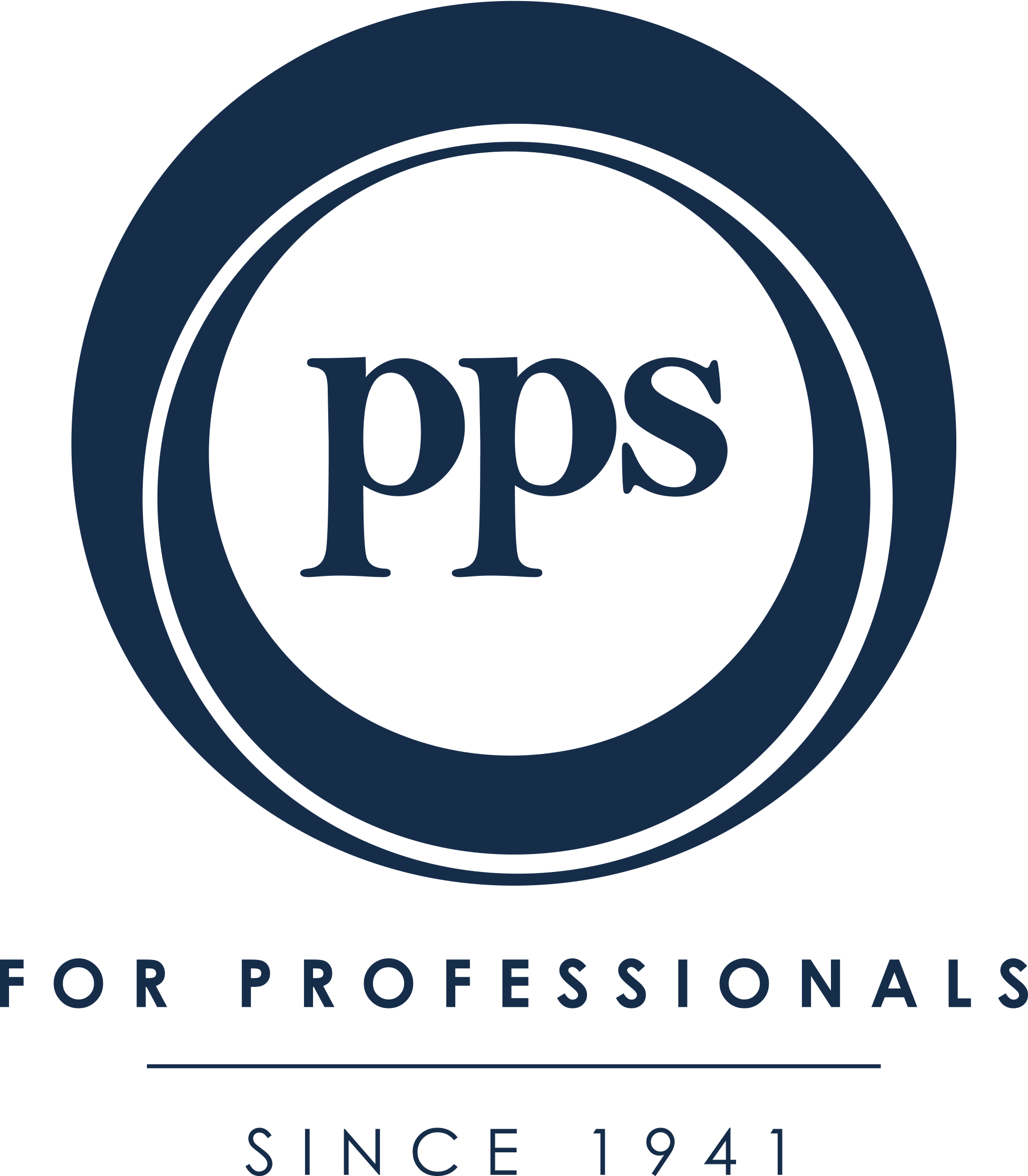 Navy blue circular logo with lowercase pps in the center. Below, it reads FOR PROFESSIONALS in uppercase and SINCE 1941 underneath, separated by a horizontal line.