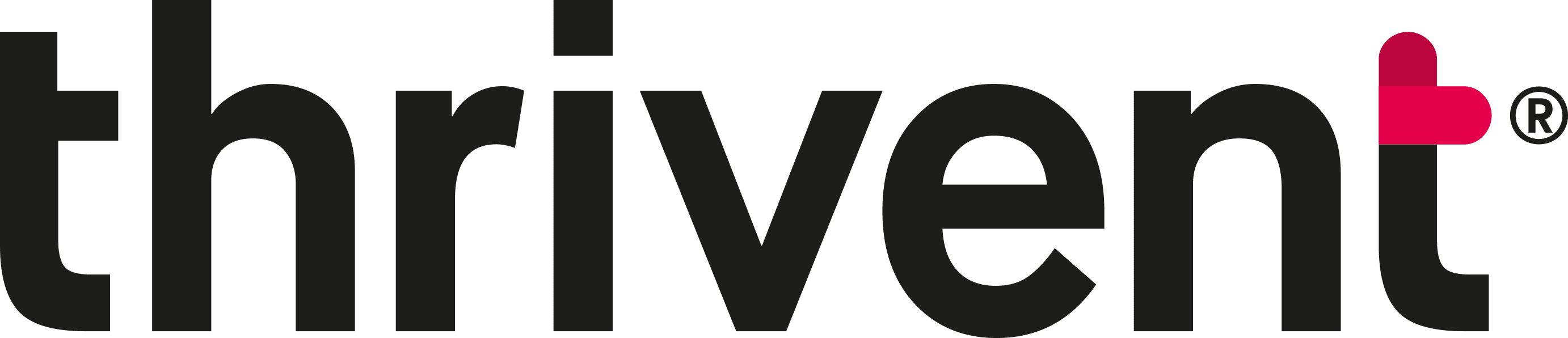 The word thrivent in bold black lowercase letters with a pink, abstract heart shape forming the dot over the letter i.