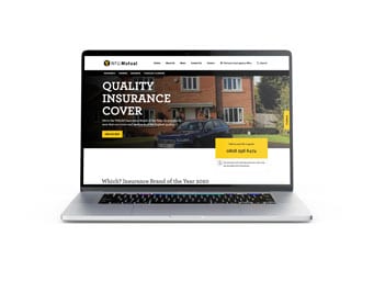 A laptop displays the NFU Mutual website homepage, featuring a banner that reads Quality Insurance Cover with an image of a house and parked car in the background.