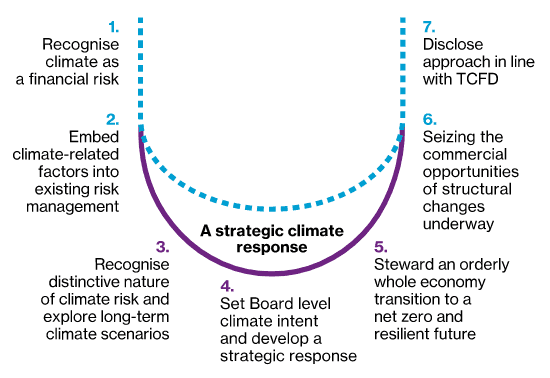 A U-shaped diagram titled A strategic climate response with seven steps around the curve, describing steps for organizations to address climate risk, from risk recognition to disclosure and strategic response.