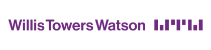 The logo for Willis Towers Watson features the company name in purple text, followed by a series of abstract vertical bars and shapes, also in purple, on a white background.