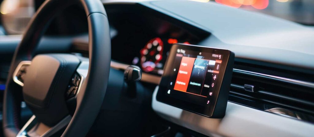 Close-up of a modern car dashboard featuring a digital touchscreen display with navigation and media options, a steering wheel, and illuminated instrument panel in a sleek, contemporary interior.