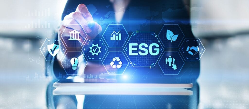 A person interacts with a digital interface featuring hexagonal icons representing ESG (Environmental, Social, Governance) concepts, including sustainability, recycling, renewable energy, and social responsibility.