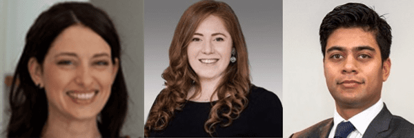 Three professionally dressed people, two women and one man, are posed for individual headshots against neutral backgrounds, all smiling or looking pleasant.