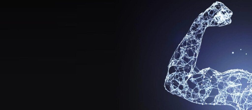 A digital illustration of a flexed human arm made of glowing blue connected lines and nodes, set against a black background with empty space on the left.