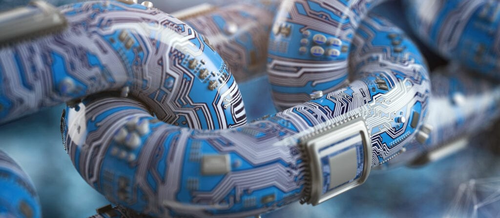 A close-up of interconnected chain links designed with blue and white circuit board patterns, symbolizing digital connectivity and blockchain technology.