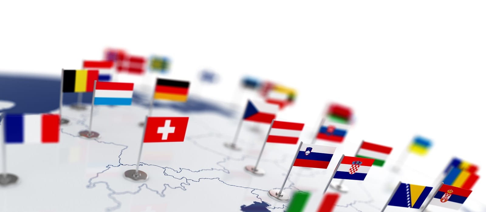 Europe map with countries flags. Shalow focus 3d illustration isolated on white background