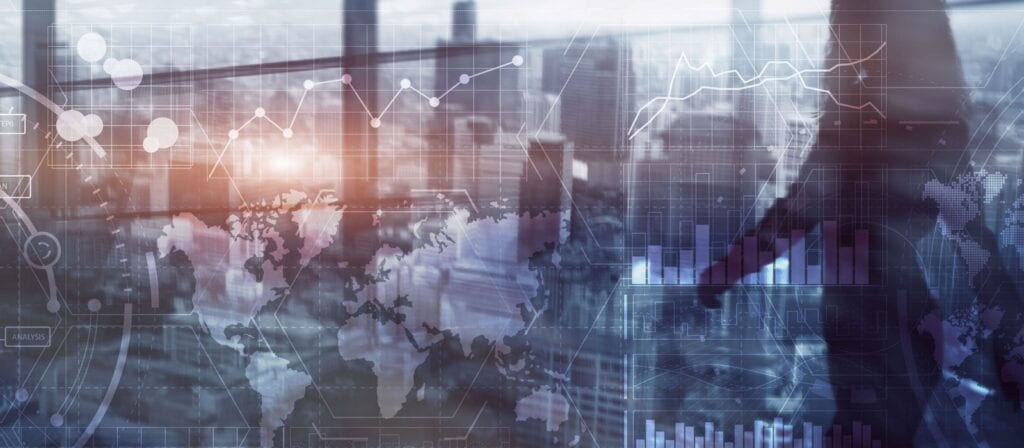 Abstract image of a city skyline overlaid with digital graphics, including world maps, line graphs, bar charts, and data points, representing global business analytics and technology.