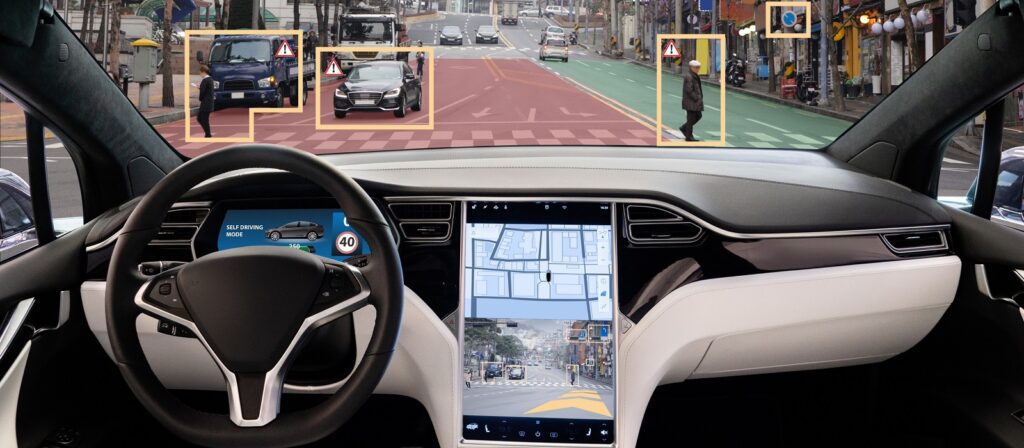View from inside a self-driving car with a digital dashboard and a street map; road hazards, pedestrians, and vehicles are highlighted on the windshield using augmented reality indicators.