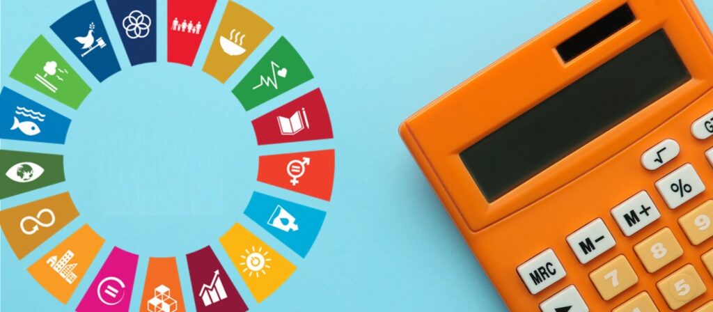 An orange calculator on a blue background next to a colorful circular chart displaying icons representing the United Nations Sustainable Development Goals.
