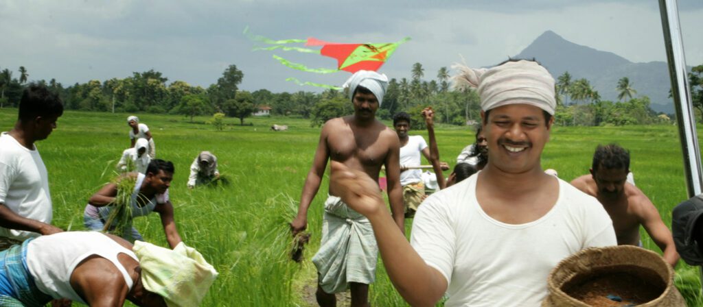 A group of people work in a lush green field under a cloudy sky, with one smiling person in the foreground holding a basket and a colorful kite flying in the background; mountains and palm trees are visible.