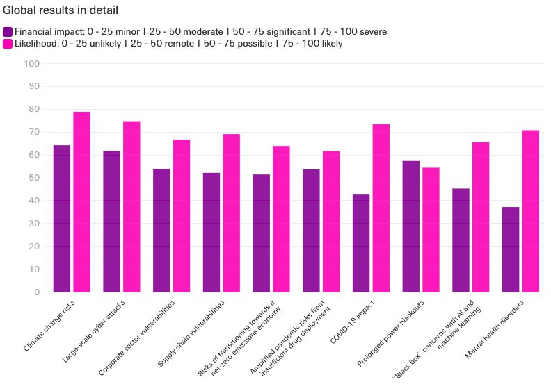 Bar chart showing global risks with two sets of bars: Financial impact (purple) and Likelihood (pink). Climate change risks and mental health disorders have the highest likelihood; pandemic infection risks are lowest.