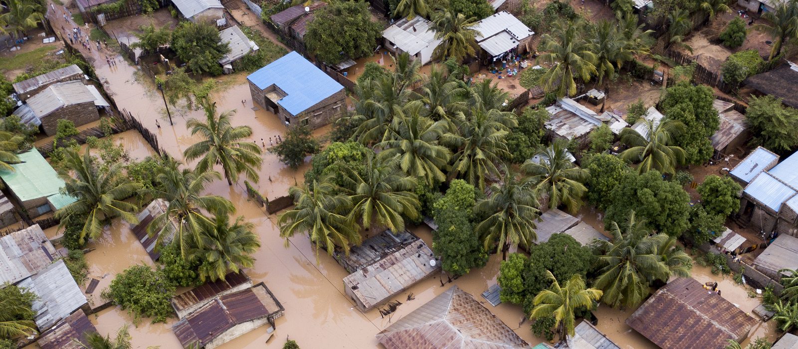 Aerial view overhead flooded houses after a cyclone