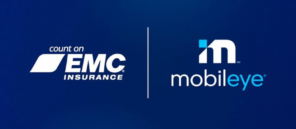 Blue background featuring the EMC Insurance logo with the text count on EMC Insurance on the left and the Mobileye logo with the text mobileye on the right, separated by a vertical white line.