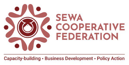 Logo of SEWA Cooperative Federation featuring a circular ornamental design on the left and the organizations name on the right. Below are the words: Capacity-building, Business Development, Policy Action.