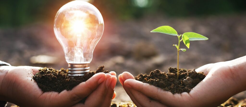 Two hands hold soil; one hand supports a glowing light bulb, while the other holds a small green plant seedling, symbolizing ideas of sustainability and growth.