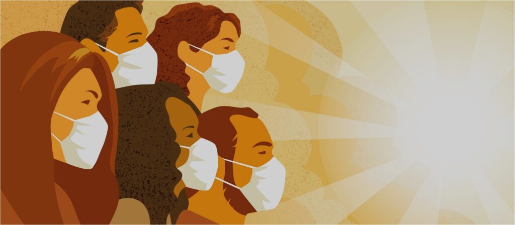 Illustration of a diverse group of people wearing white face masks, looking toward a bright light on the right, symbolizing hope or a positive future. Warm yellow and orange tones dominate the background.