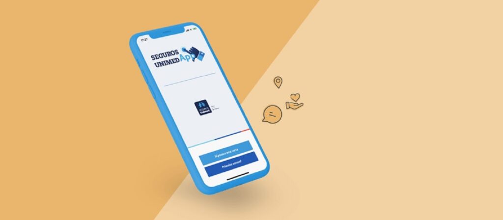 A blue smartphone displays the Seguros Unimed app login screen, floating against a beige background with small icons of a map pin, heart, and chat bubble on the right side.