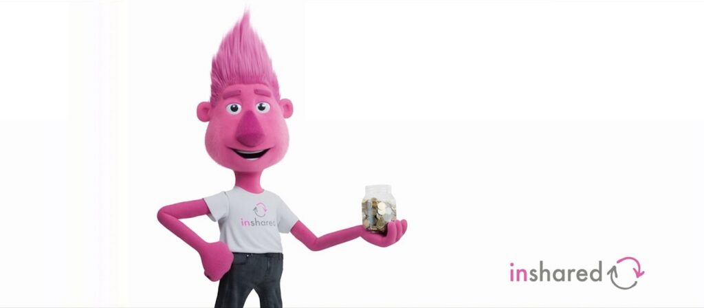 A pink cartoon character with spiky hair, wearing a white InShared t-shirt, smiles and holds a jar of coins. The InShared logo and text appear in the bottom right corner on a white background.
