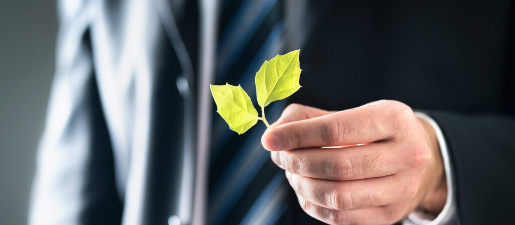 A person in a business suit holds a small green plant with two leaves, symbolizing growth, sustainability, or environmental responsibility in business.