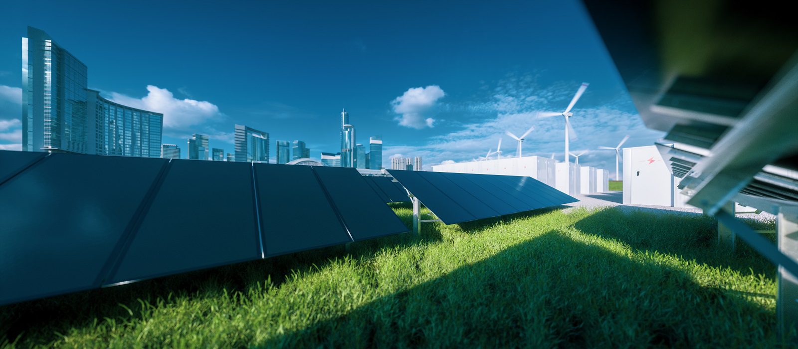 Modern black frameless solar panel farm, battery energy storage and wind turbines on fresh green grass under blue sky - concept of green sustainable energy  system. 3d rendering.