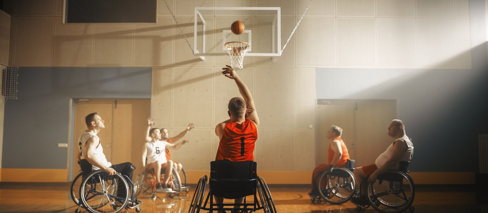 Wheelchair Basketball Game: Professional Players Competing, Dribbling Ball, Passing. Player Successfully Shooting, Scoring a Goal. Celebration of Determination, Skill, Speed of People with Disability