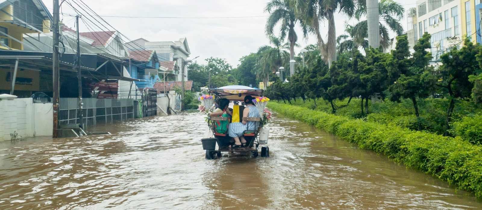 JAKARTA, Indonesia - January 11, 2020: Horse cart crossing the flood while carrying passenger in some residence at Jakarta city