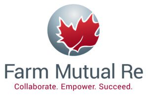 A red maple leaf inside a grey circle above the words Farm Mutual Re and the tagline Collaborate. Empower. Succeed. in red.