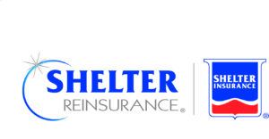 Logo for Shelter Reinsurance with blue text and a partial blue arc with a starburst on the left. To the right is the Shelter Insurance logo, a blue shield with Shelter Insurance in white above a red base.