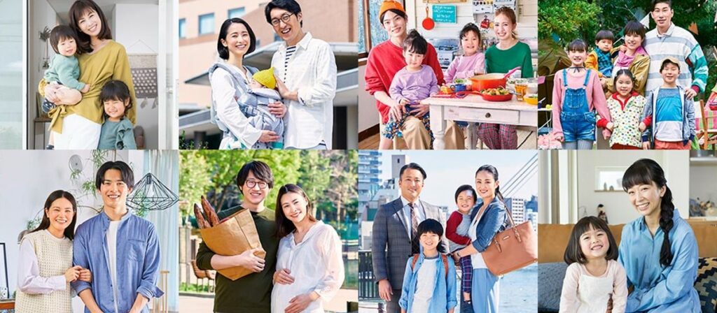 A collage of ten diverse families, each smiling and posing together outdoors or at home, featuring parents and children of various ages in casual, colorful clothing.