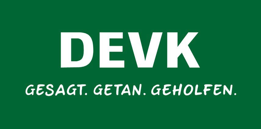White text on a green background reads DEVK in large letters, with GESAGT. GETAN. GEHOLFEN. in smaller, hand-written style font below.